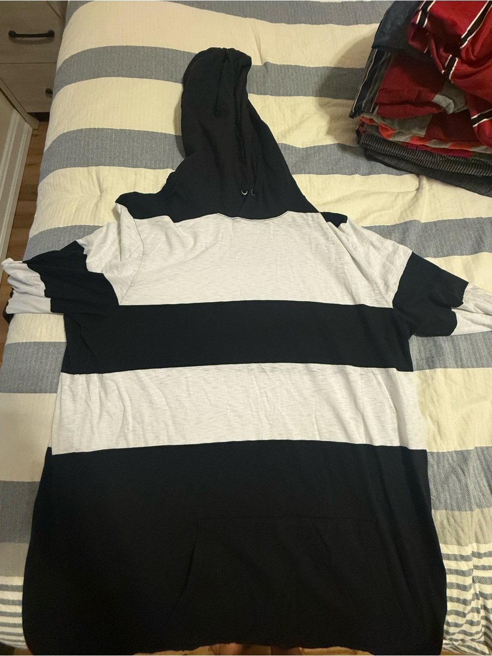 American Eagle Black Hooded Pullover with Light Gray Stripe
